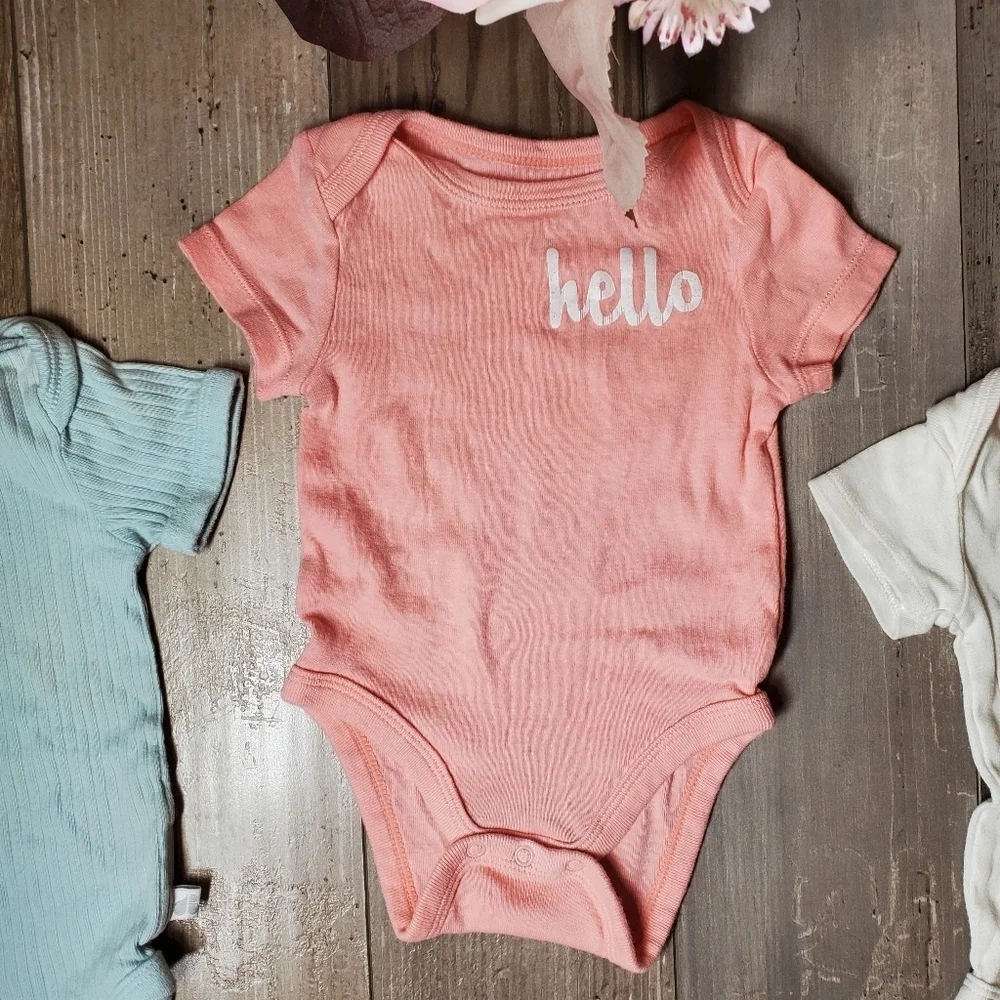 Baby Girl 100% Cotton 3Pc Bodysuit Bundle - Spring Pastel Colors - 0-3m 0/3m